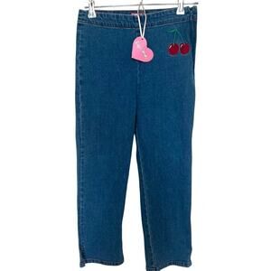 Sugar Thrillz Dolls Kills Women's Denim Red Stitch Cherry Capri's Size Small NWT